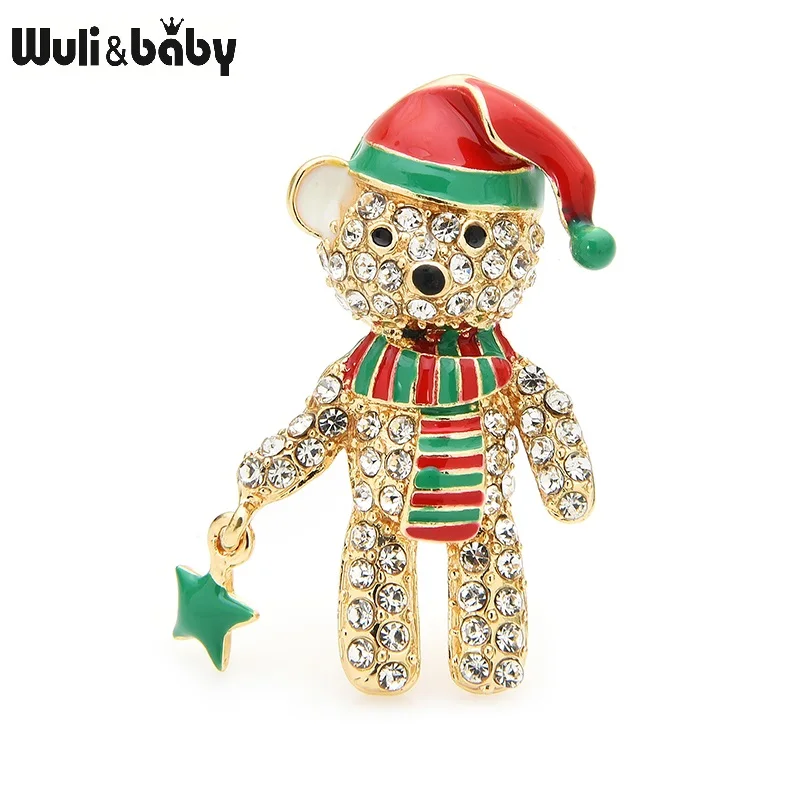 Wuli & baby-broches de oso con diamantes de imitación para mujer, sombrero esmaltado, oso, broche de