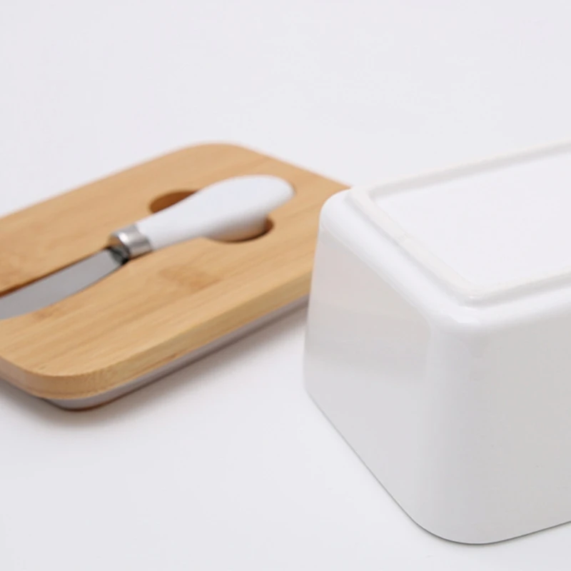SFVEFVD Ceramic Butter Dish Tray Sealing Box with Wooden Lid Stainless Steel Cheese Knife Home Kitchen Storage Organization |