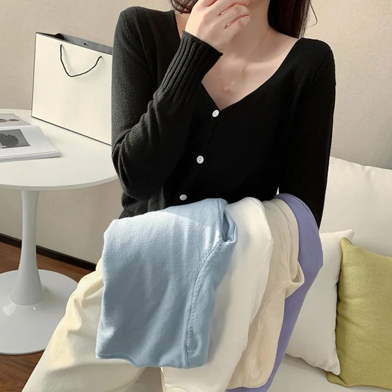 

Women's Solid V-Neck Tshirt Casual Long Sleeve Button Up Knitted Cardigan Tee Shirt Tops