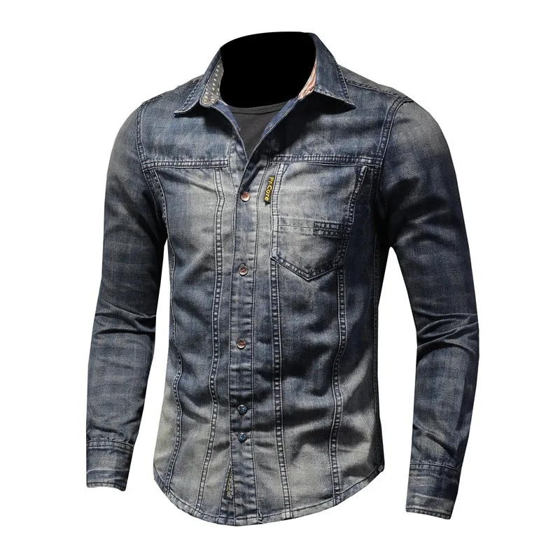 

MORUANCLE Men's Fashion Vintage Jeans Shirts Punk Style Retro Denim Shirt Tops Long Sleeve High Quality Washed Blue Clothing