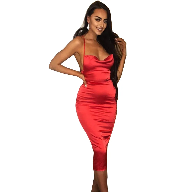 

2021 Summer Hot Silk Solid Color Dress With Open Neck And Open Back Thin Belt And Buttock Skirt