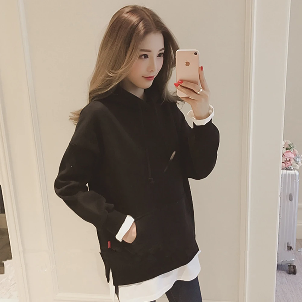 

Повседневная модная однотонная Студенческая весенне-осенняя Свободная Женская толстовка из двух частей с круглым вырезом и длинным рукаво...