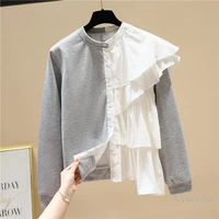 ruffled patchwork sweatshirt for women 2021 spring new korean style loose long sleeve contrast color single breasted hoodies