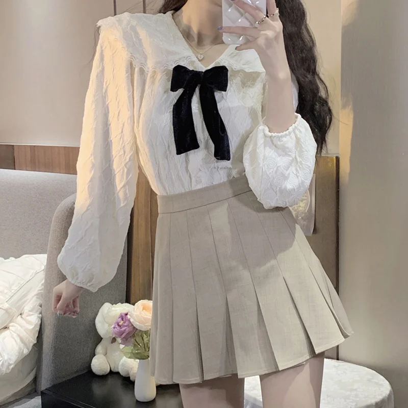 Белая рубашка с детским воротником женская на весну и осень дизайнерская длинным