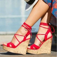 fashion wooden high platform wedge sandals red lace up cross strap dress shoes peep toe cut out summer wedges shoes drop ship
