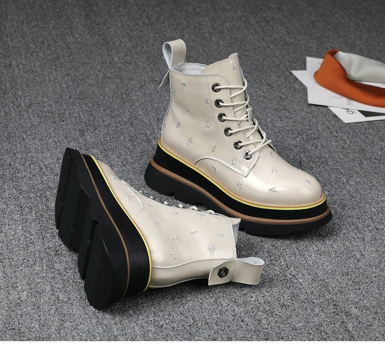 

New Real Leather Thick-soled Short Wedge Woman Boots Round Toe High Lace-Up Ankle Boots Fashion Spring Autumn Shoes 2021