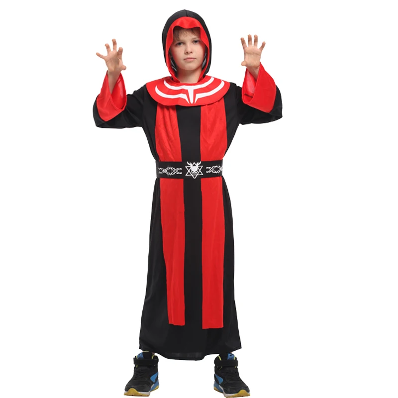 

24 hours ship Halloween Costumes Boy Performance Clothing Red And Black Wizard Magic Priest Magician Cosplay Hooded robe