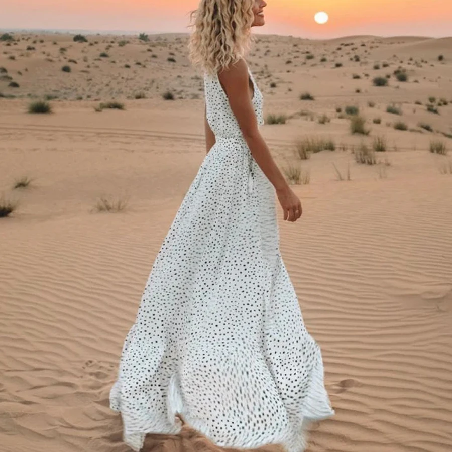 TEELYNN sexy sleeveless deep v neck maxi women dresses summer vintage cotton rayon white polka dot dress boho beach vestidos | Женская