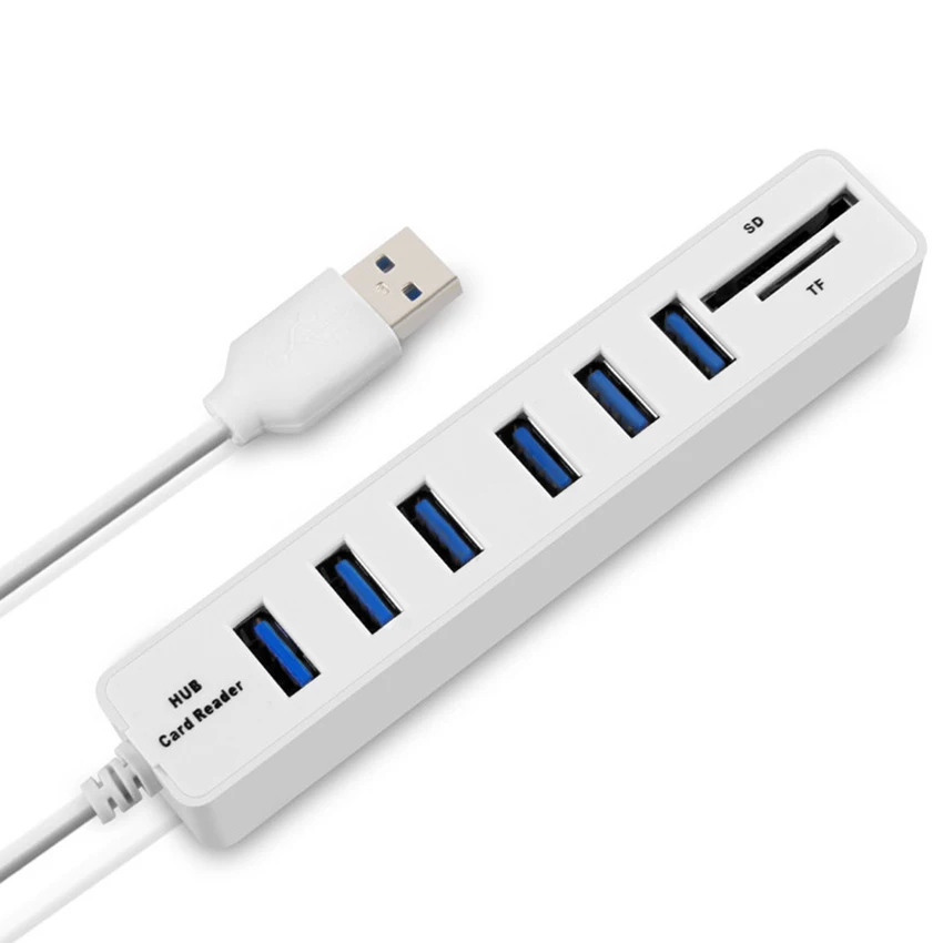 

6-портовый USB-концентратор 2,0, 8-в-1, компактный USB-концентратор для передачи данных + концентратор + TF, кардридер SD-карт, разветвитель для ПК, флэ...
