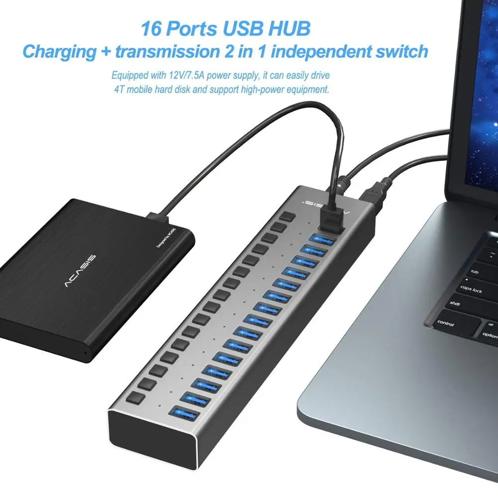 Usb-хаб 3,0, внешний адаптер питания, 16 портов, usb-хаб, разветвитель, переключатель 12 В, 7.5A, адаптер питания для Mac, планшета, ноутбука, ПК, США, ЕС, Великобритании