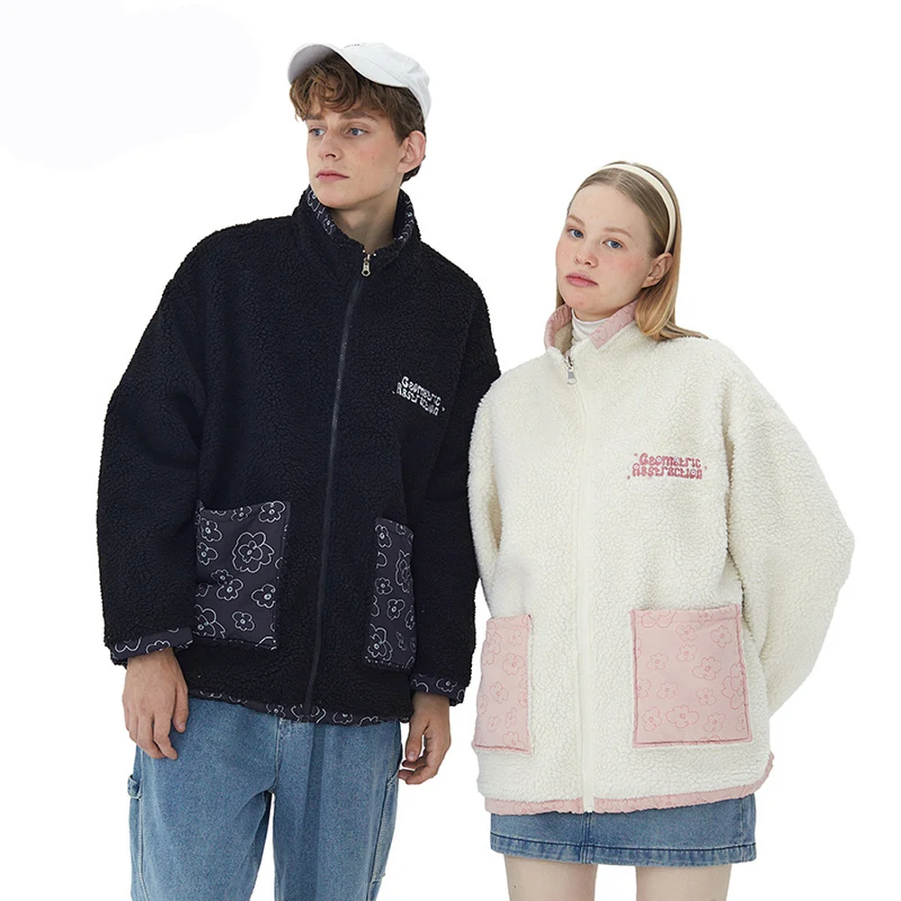 Covrlge Men's Jacket Both Sides Wearable Plush Men coat Design Sense Trend Couples Oversize Winter Coat Streetwear MWJ249