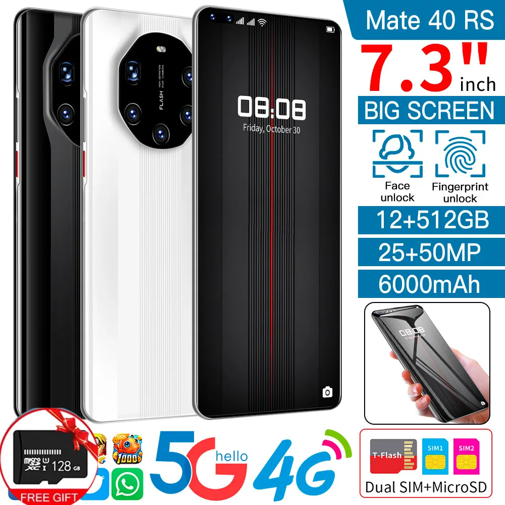 

Hot Newest Mate 40 RS 5G 4GB RAM 64GB ROM 7.3inch Dual Sim Android Mobile Cell Phone Large Capacity Celular Smartphone