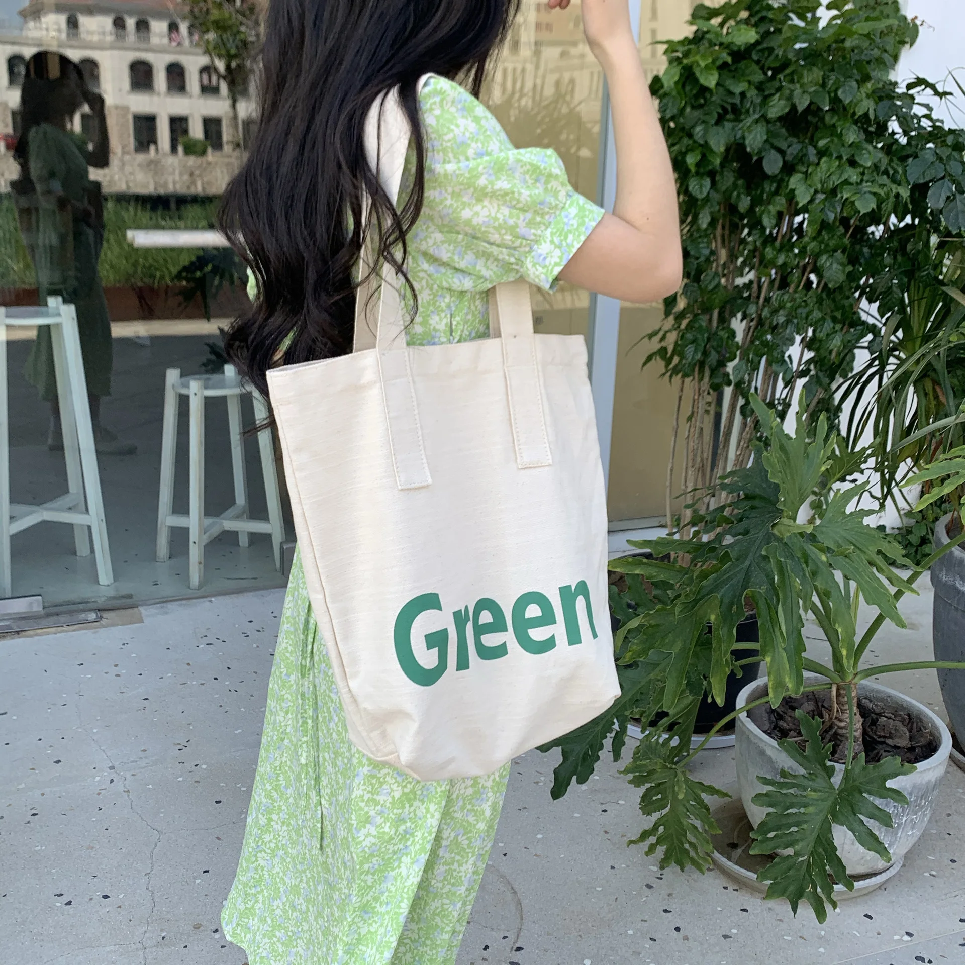 

Simple Design Student Girls Travel Book Handbags Women's Reusable Shopping Tote Bags GREEN Letter Female Shoulder Canvas Bag