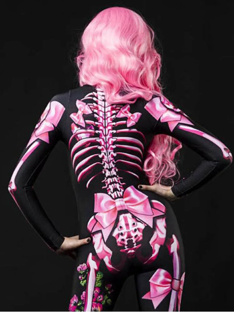 

Women/child Sexy Bodysuits Halloween Costumes For Women Girl 3D Skull Rose Printing Jumpsuits Punky Back Zipper Macacao Feminino