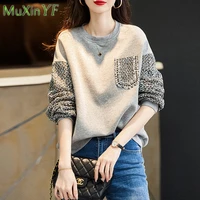 womens hoodie autumn winter thin gray o neck sweatshirts 2021 new loose jacket elegant top female casual coat vintage clothes
