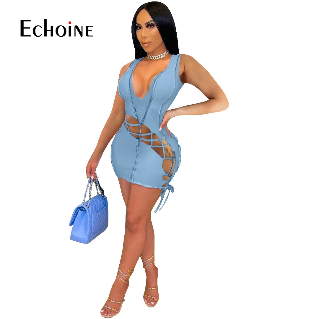 

Oluolin Women Sexy Imitation denim fabric Chic Sleeveless Slim Elegant bandage Mini Dress Deep V Hole Out Beach Dresses