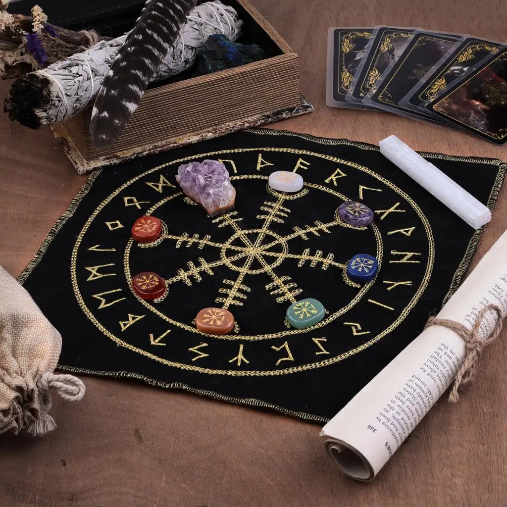 Natural Amethyst Cluster 7 Chakra Stone Set Healing Selenite Wand With Viking Compass Embroidered Energy Mat For Yoga Meditation