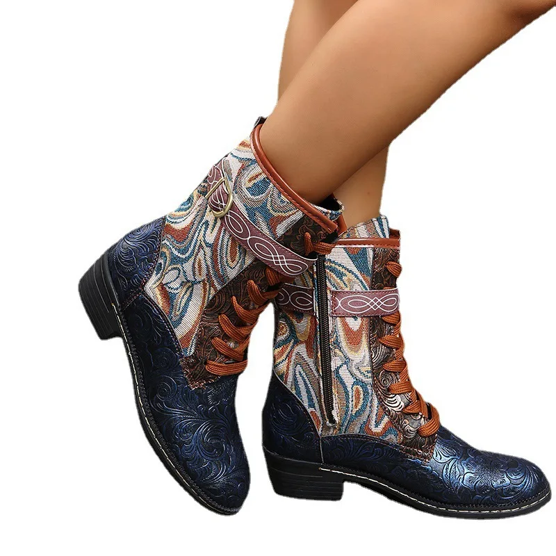 

Новые женские ботинки из искусственной кожи с глубоким V-образным вырезом, ковбойские ботинки с вышивкой в западном стиле, модные ботинки в ...