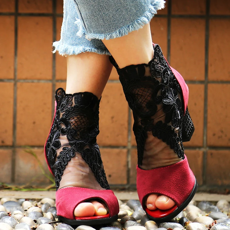 

Mesh Coarse Heels Lace Spring And Summer With Super Fine Waterproof Taiwan Shallow Mouth Shoes Nightclub Fish Mouth Shoes