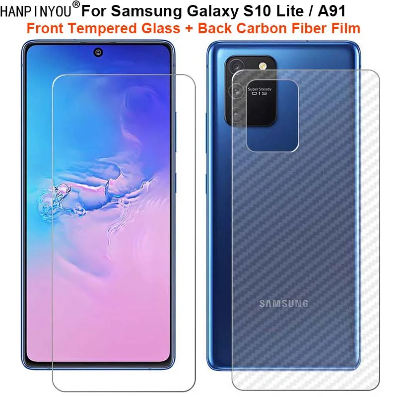 

1 комплект = мягкая задняя пленка из углеродного волокна для Samsung Galaxy S10 Lite / A91 6,7 дюйма + ультратонкое закаленное стекло для переднего экрана