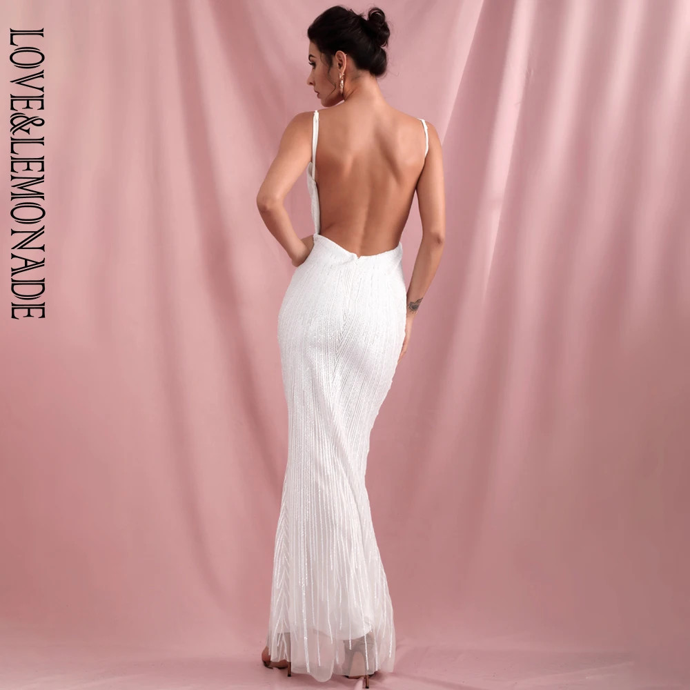 

LOVE&LEMONADE Sexy White Deep V-Neck Geometric Sequins Slim Fit Open Back Fishtail Party Maxi Dress LM81225-1
