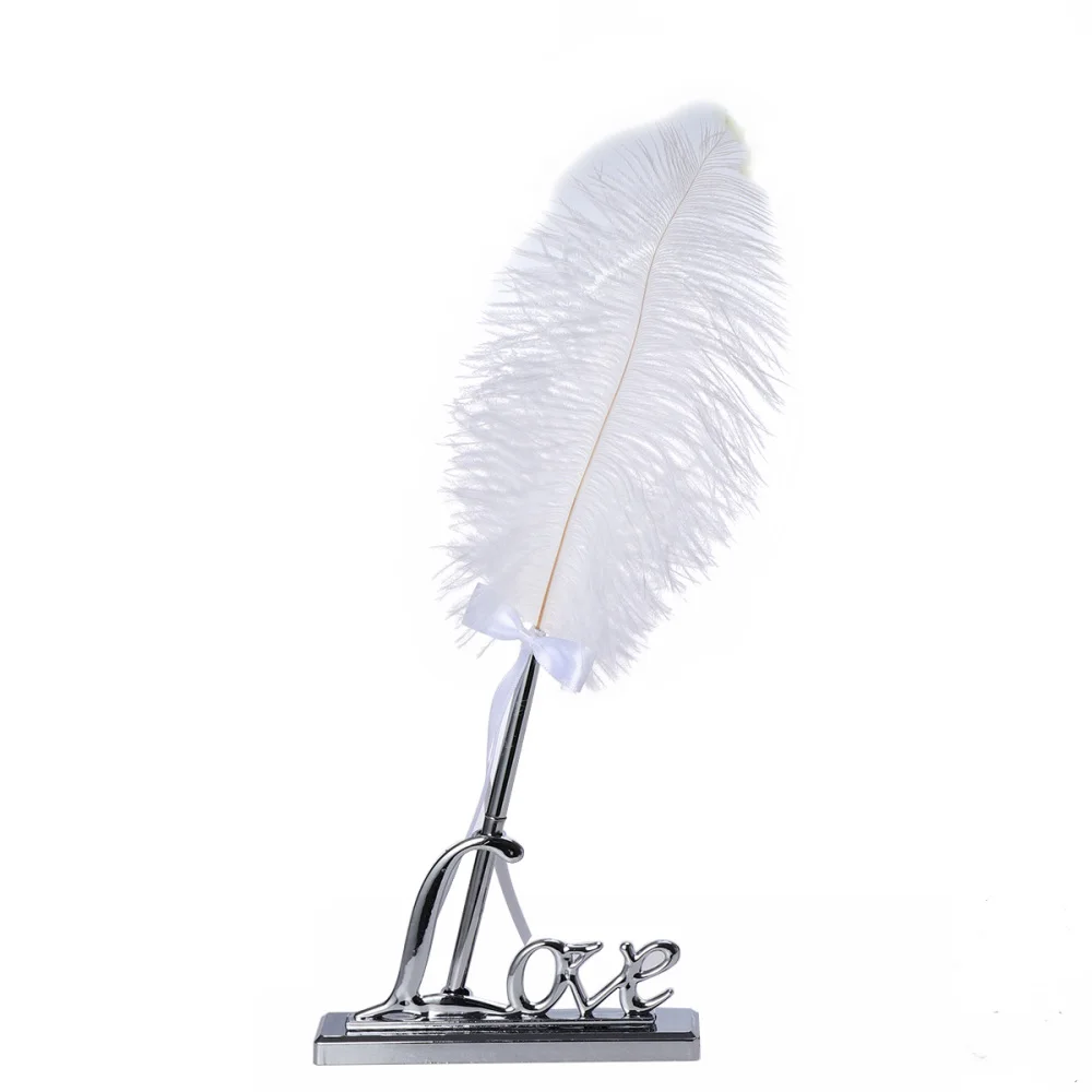 

White Feather Signing Pen with Metal Love Holder Wedding Pen Set (Silver)