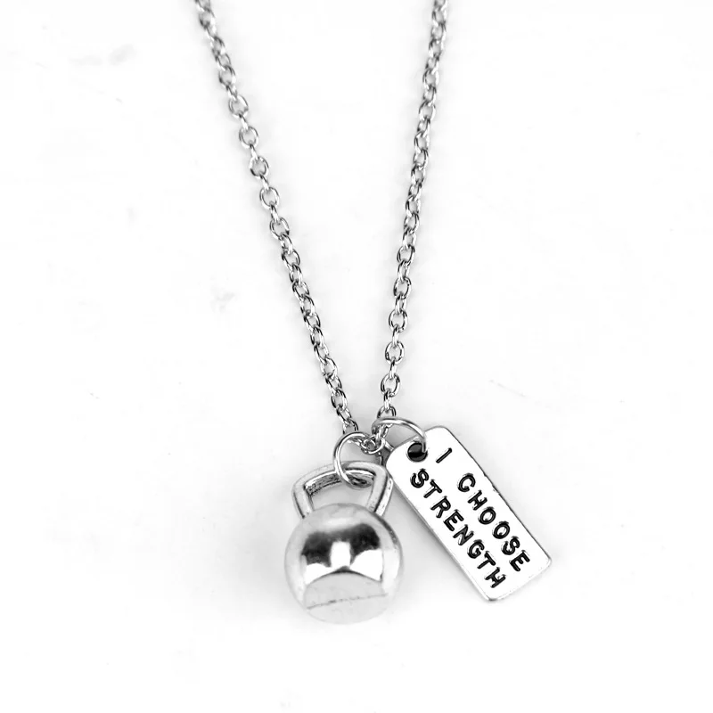 

ZXMJ Fitness Gym necklace Pendant dumbbell Barbell Bodybuilding STRONG IS BEAUTIFUL Letter charm Jewelry Gift For fans