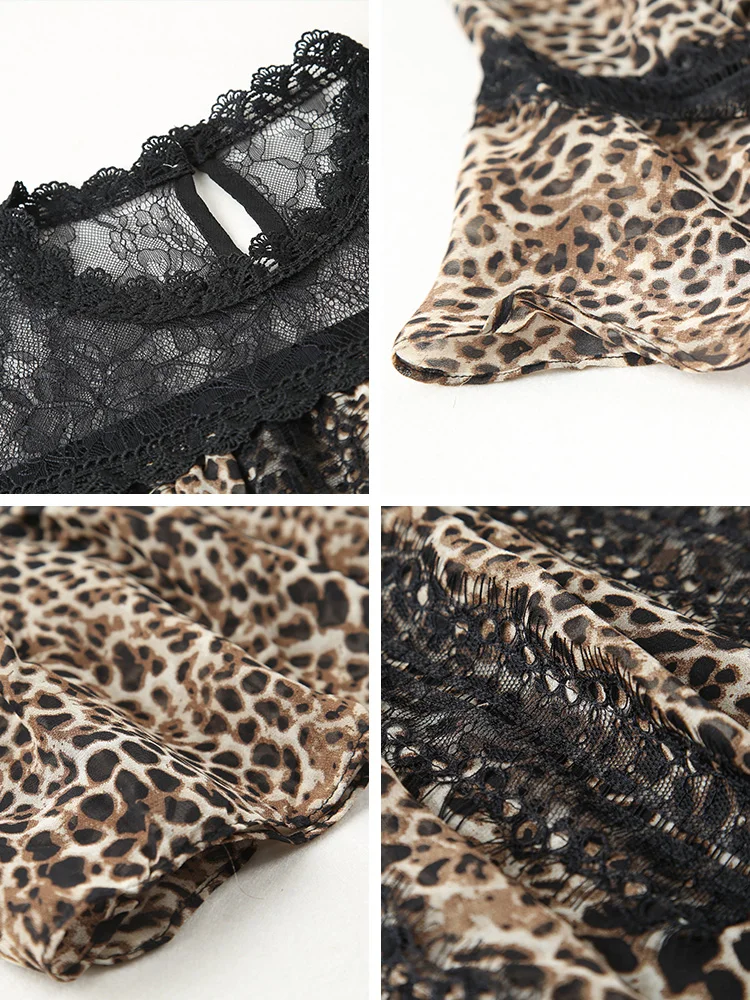 2020 summer fake two-piece lace stitching loose leopard print chiffon mid-length dress round neck temperament | Женская одежда