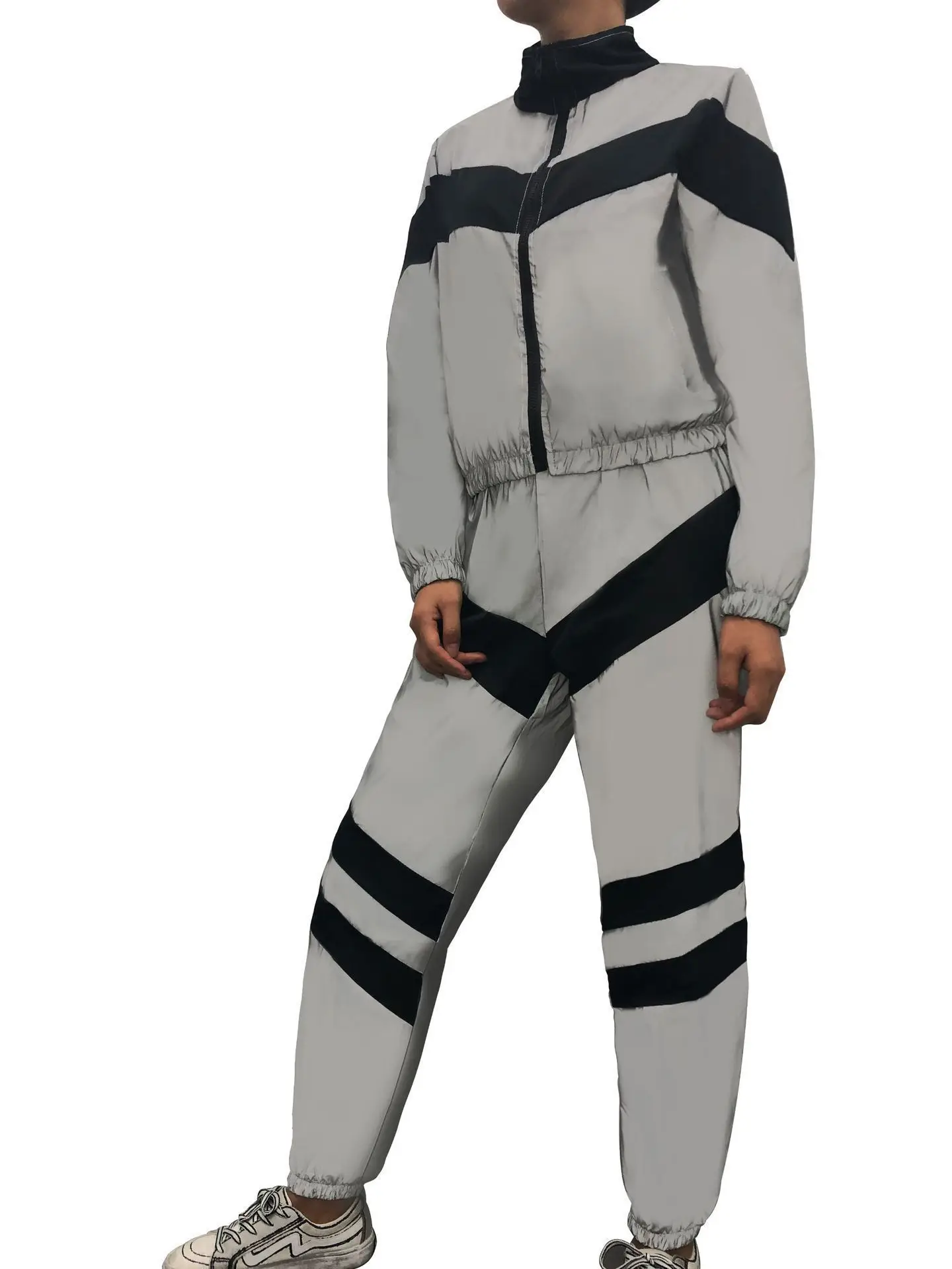 

Two-color Stitching Long-sleeved Zipper Fitness Elastic Band Two Piece Set Women Set Fashion Women's Reflective Sports Suit