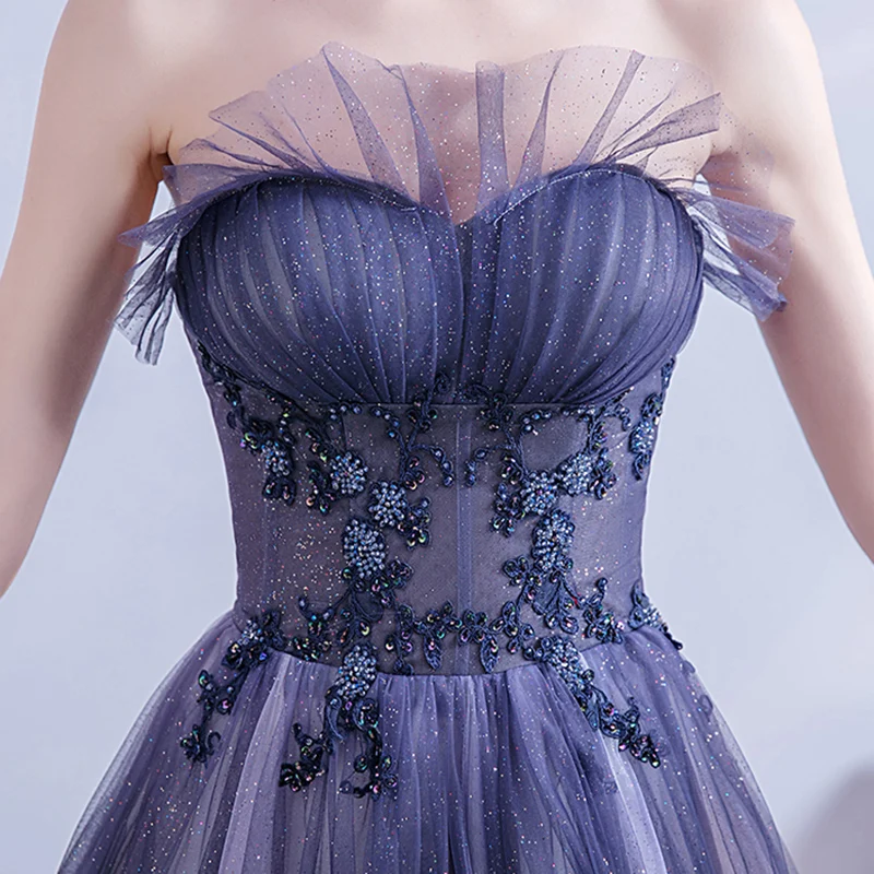 

Evening Dresses Illusion Strapless Sleeveless Floor-Length Beading Tulle Lace Sequined Embroidery Elegant Lady Formal Gown TS740