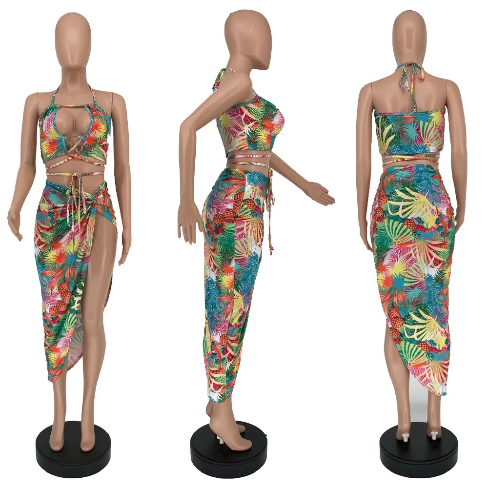 

2021 Summer Sexy Women's Printed Tie-Dye Hollow Slit Skirt Two-Piece Suit