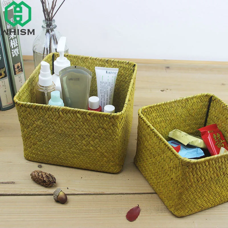 

1pc Handmade Storage Basket Woven Straw Storage Box Office Sundries Container Desktop Natural Wicker Organizer Picnic Basket