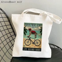 women shopper bag cycling sphynx kitten cat kawaii bag harajuku shopping canvas shopper bag girl handbag tote shoulder lady bag