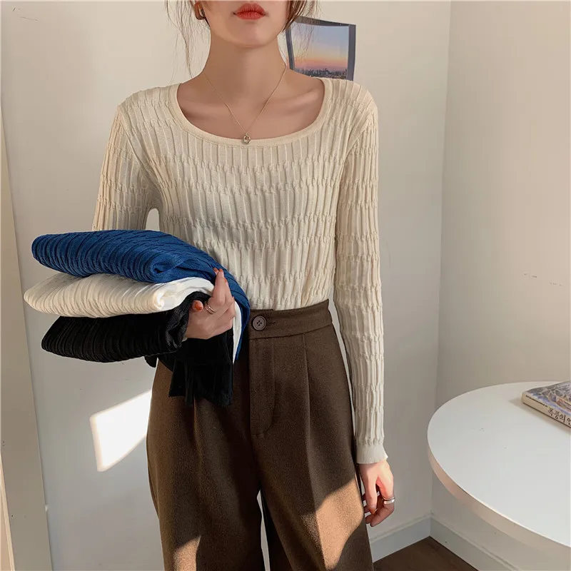 

Women's French Low Collar Long Sleeve Knit Sweater Slim All-Match Top Solid Color Loose Base Shirt