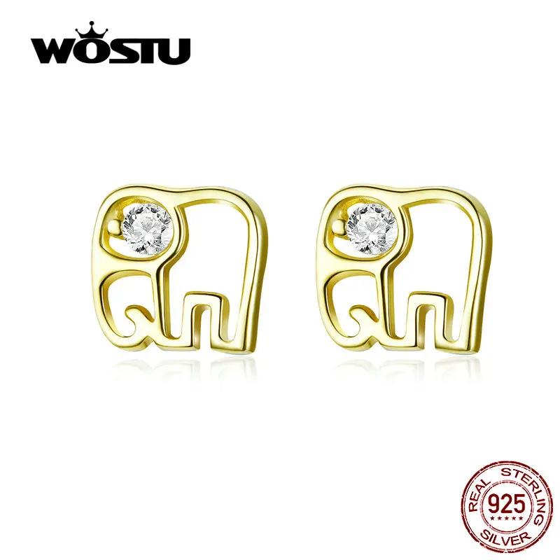 WOSTU, серьги-гвоздики в форме слона, 925 пробы, серебро, циркон, Золотые серьги для женщин, модные ювелирные изделия, подарки CQE661-GD