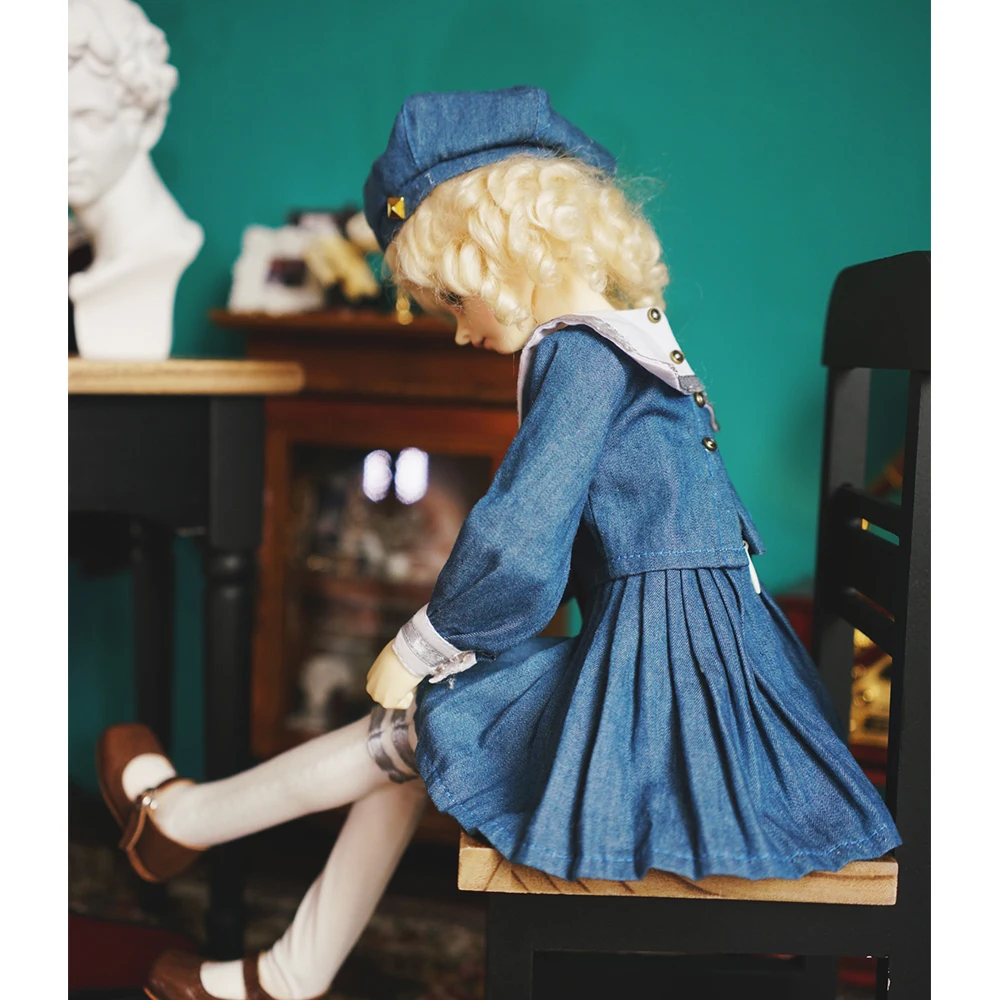 Платье для шарнирной куклы Синее джинсовое платье студентов + шляпа носок