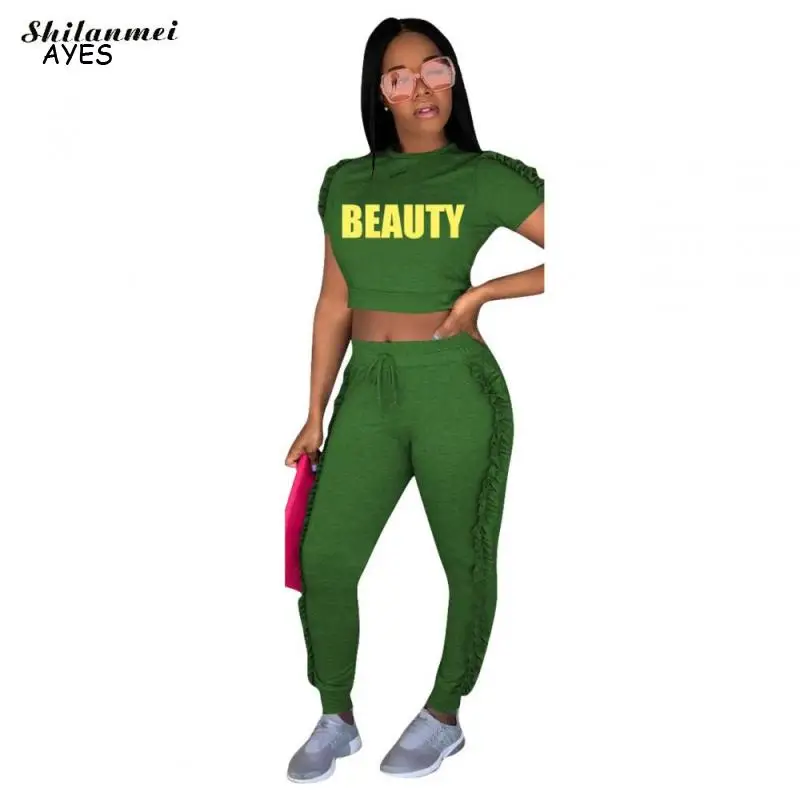 

Letter Print Women Tracksuit Set Ruffles Matching Suits 2020 New Outfits 2 Pieces Set Short Sleeve Crop Top Ruched Pants Sets
