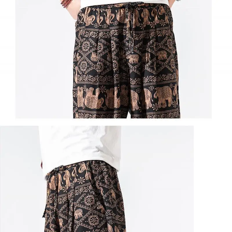 

2021 High-grade Wide Leg Pants Mens Exotic Pattern Boho Trousers Harem Elastic Waistline Pants Casual Hippie Drawstring 5XL