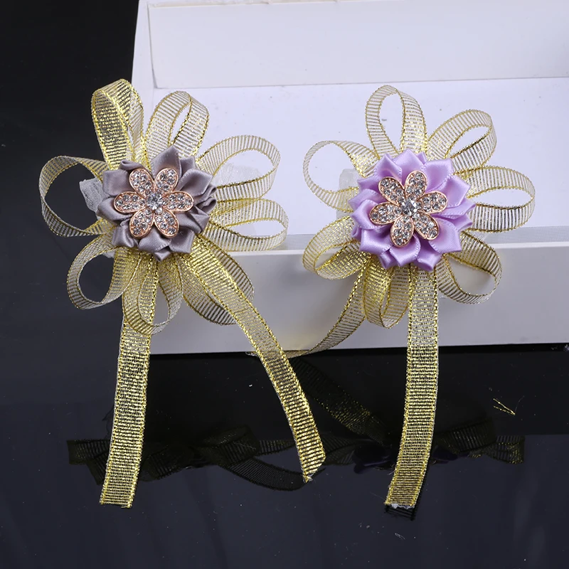 

Promotional Bridal Wrist Flower Men's Corsage Golden Ribbon Handmade Brooch Elastic Bracelet Business Wedding Props T061