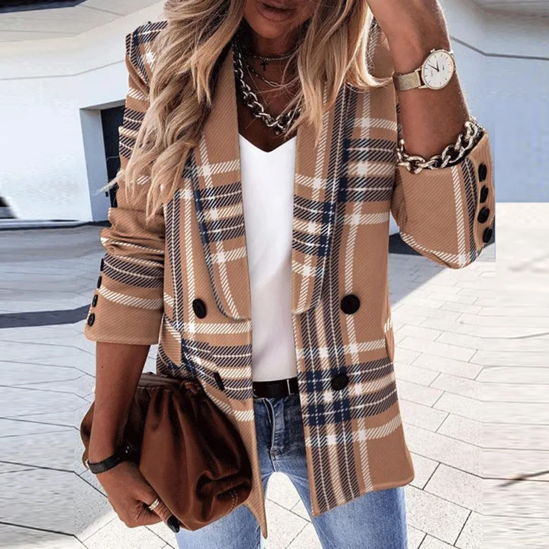 

Women Spring Autumn Casual Turn-Down Collar Outwear Elegant Long Sleeve Plaid Print Coat Jacket Fashion Double Breasted Suit Top