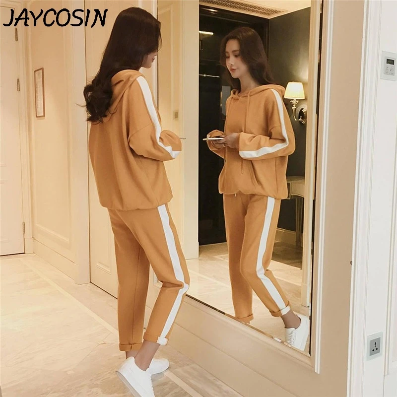 JAYCOSIN женский спортивный костюм с длинным рукавом, толстовка с капюшоном, топ с боковыми полосатыми штанами, комплект из 2 предметов, повседневная одежда, женский спортивный костюм