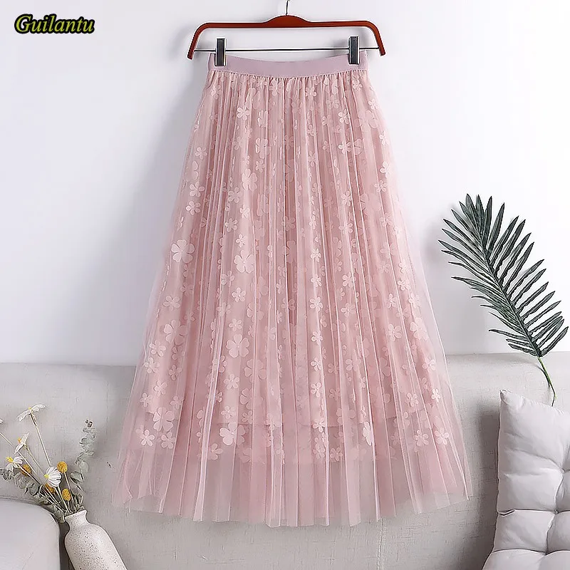 

Летняя Высокая талия Повседневный стиль фатиновая юбка женская мода цветочный Черный Синий Розовый Длинные юбки корейский стиль Harajuku плис...