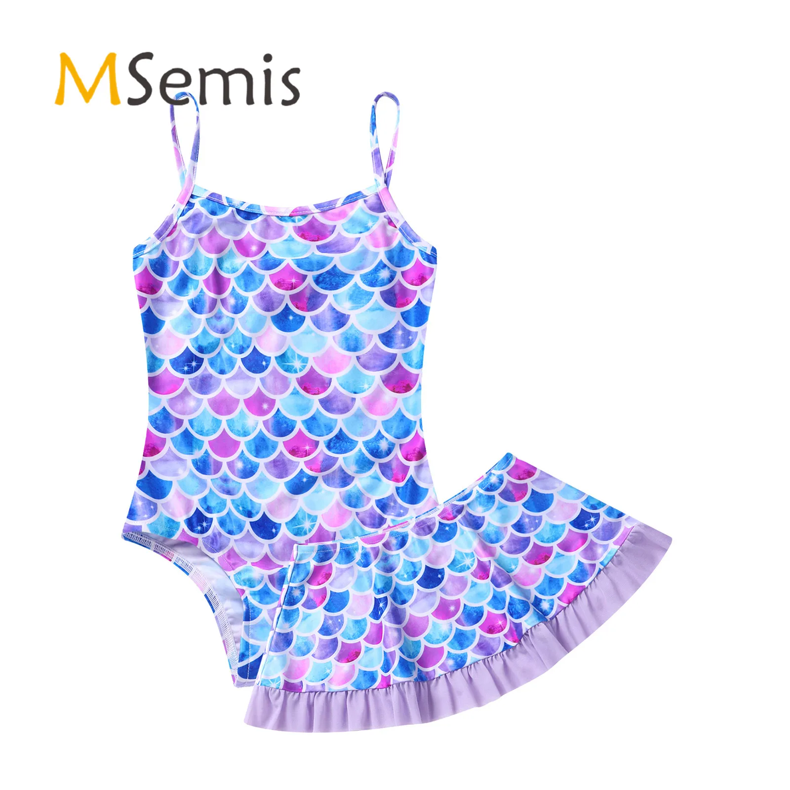 

Детский купальник из двух предметов для девочек, купальный костюм без рукавов с принтом рыбьей чешуи, короткий комбинезон с юбкой, комплект ...