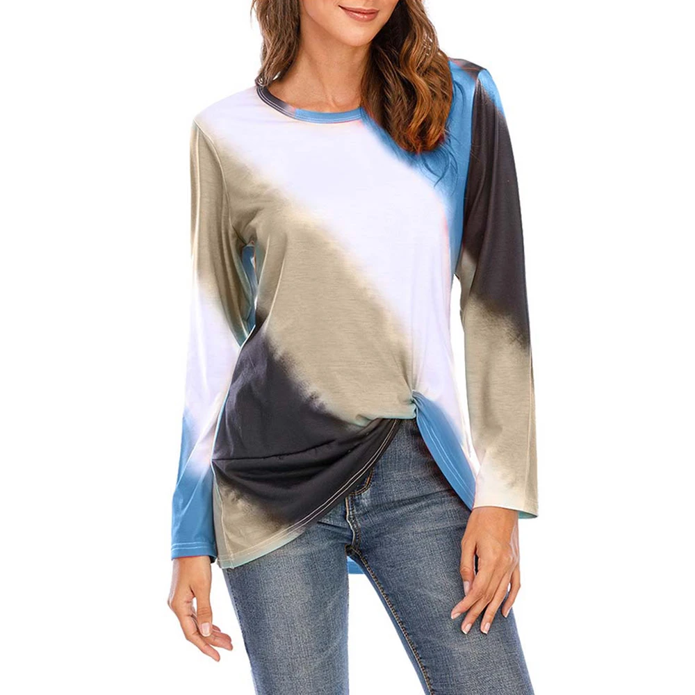 

Women T-shirts Gradient Mulitcolor Striped O-neck Long Sleeve Female Plus Size Casual Top Loose Basic Mujer Tees