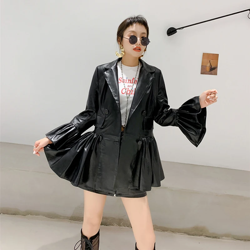 Женское кожаное платье с двойными пуговицами элегантное из натуральной овечьей