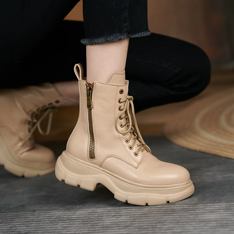 Beli Sepatu Untuk Wanita Sepatu Bot Kulit Asli Sepatu Bot Pergelangan Kaki Berenda Ritsleting Wanita Sepatu Bot Platform Modis Ujung Bundar Sepatu Musim Dingin 2021