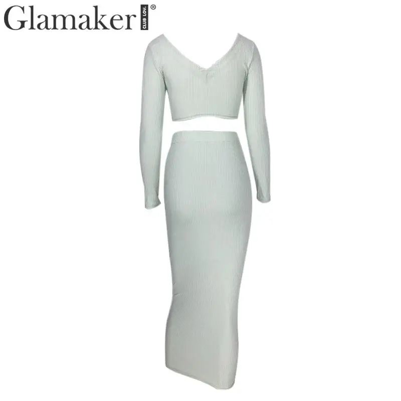 Glamaker вязаный костюм из двух частей белое платье Макси женское сексуальное облегающее платье с длинным рукавом и v-образным вырезом женское осенне-зимнее вечернее платье