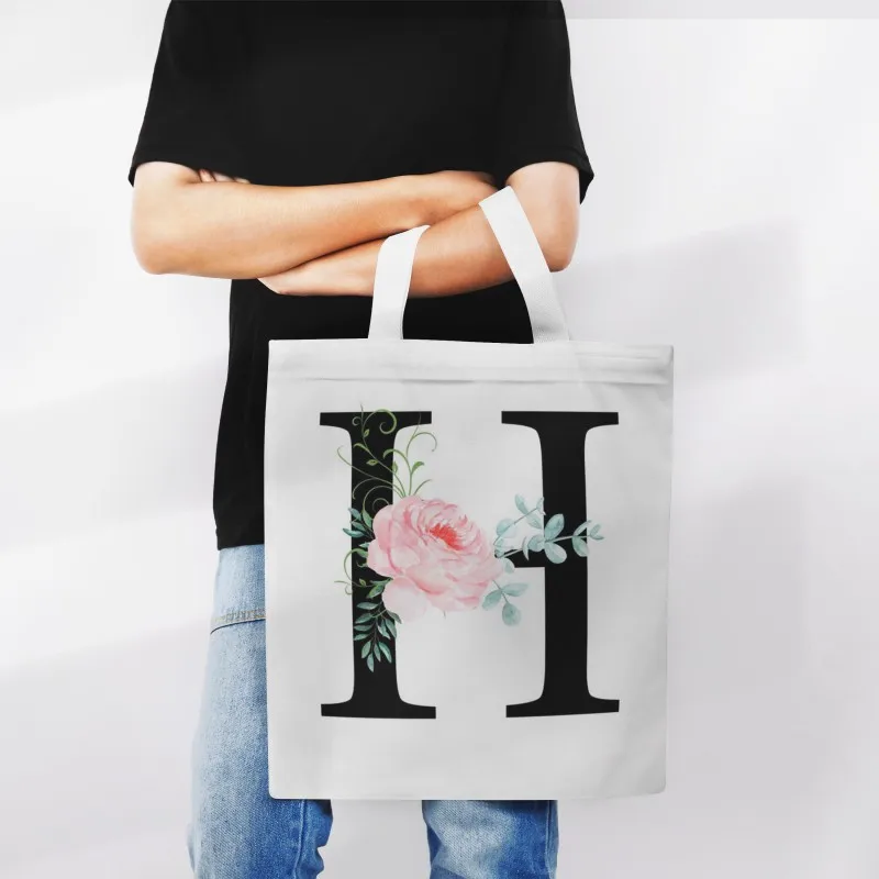 Сумка-шоппер Складная холщовая саквояж с цветочным рисунком и 26 буквами для