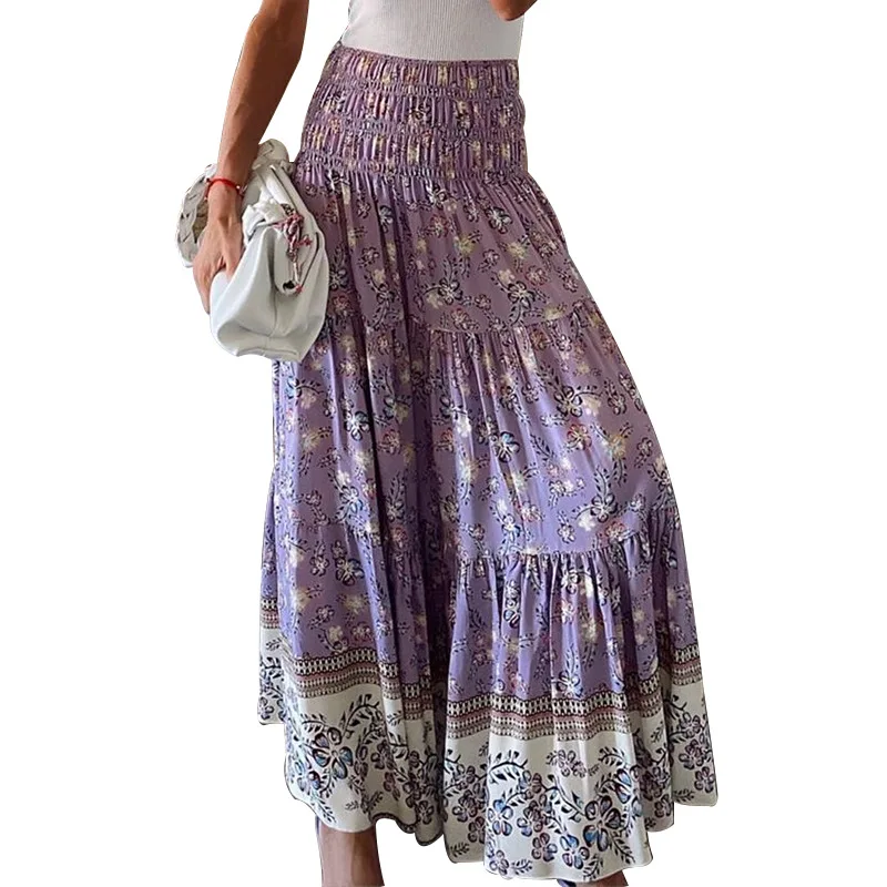 

2021 Summer New Women's Printing Skirts Elastic High Waist Long Skirt Floral Pleated A-line Boho Skirts Chic Mujer Maxi Skirts