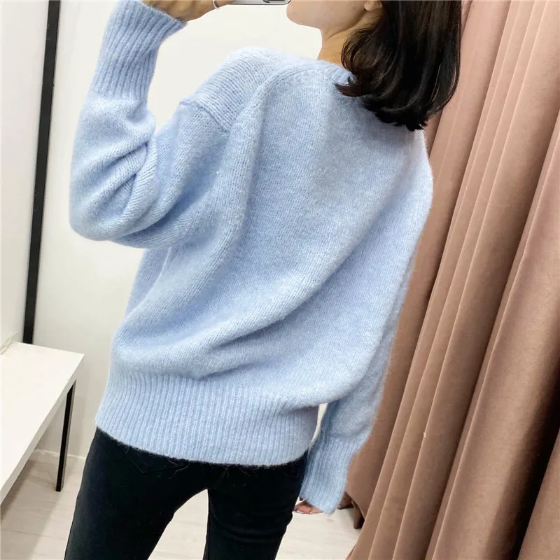

Casual Winter Sweaters Top Woman Fashion Streetwear Pullover 2020 Blue Ribbed Knit Sweater Women O Neck Long Sleeve